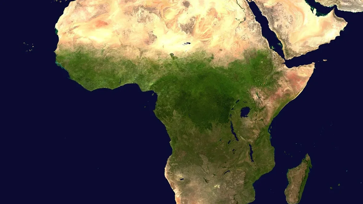 A map of Africa and the surrounding landmasses, including the Mediterranean Sea, the Red Sea, and the Indian Ocean.